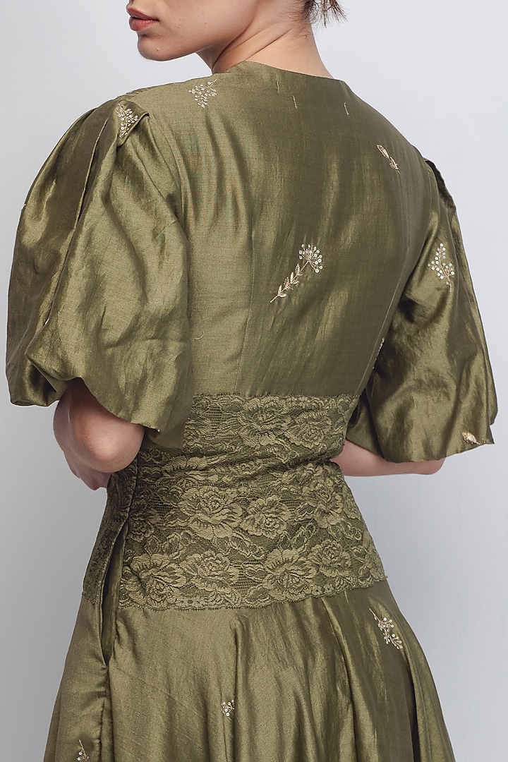 Olive Green Cotton Silk & Chanderi Embroidered Cocktail Dress by LEH STUDIOS at Pernia's Pop Up Shop