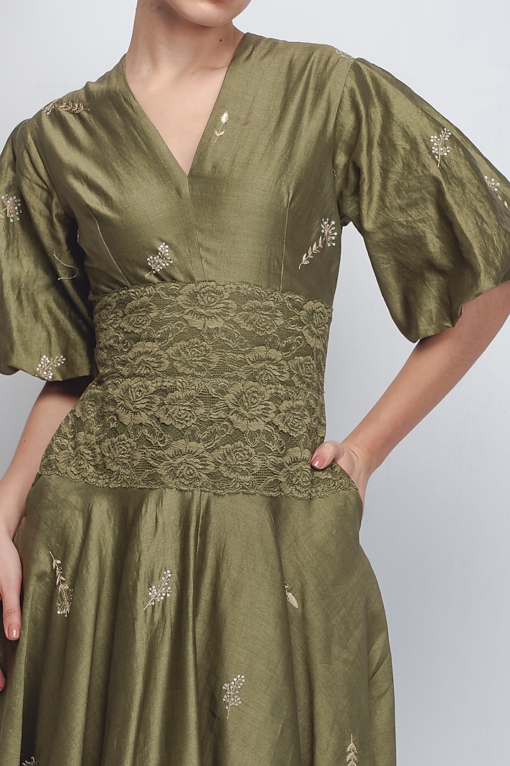 Olive Green Cotton Silk & Chanderi Embroidered Cocktail Dress by LEH STUDIOS at Pernia's Pop Up Shop