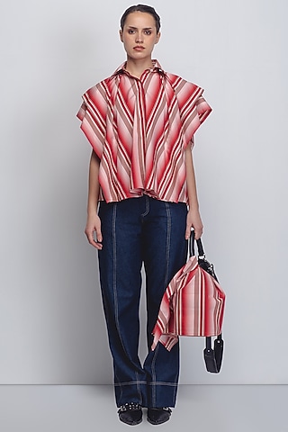 Red & White Cotton Poplin Striped Top by LEH STUDIOS