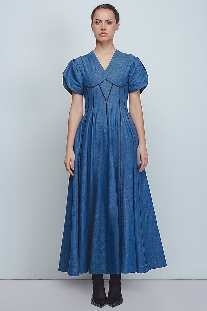Denim Blue Cotton Vacation Dress by LEH STUDIOS at Pernia's Pop Up Shop