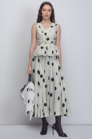 Off-White & Black Chanderi Dress by LEH STUDIOS