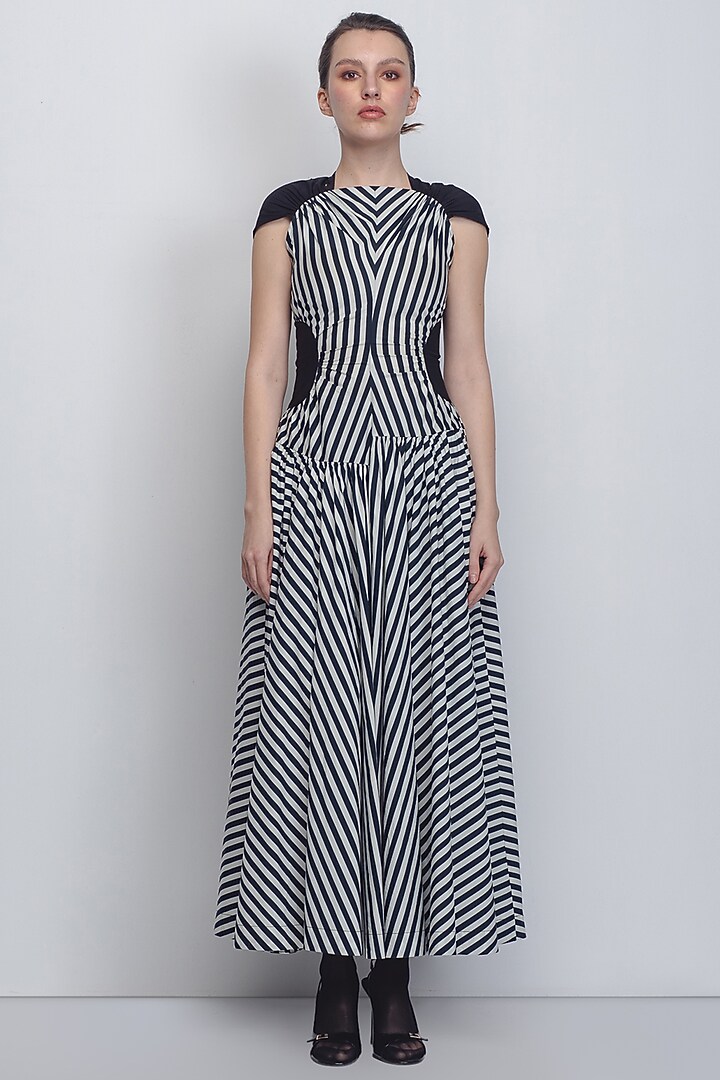 Black & White Cotton Striped Vacation Dress by LEH STUDIOS at Pernia's Pop Up Shop