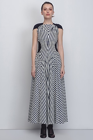 Black & White Cotton Striped Dress by LEH STUDIOS