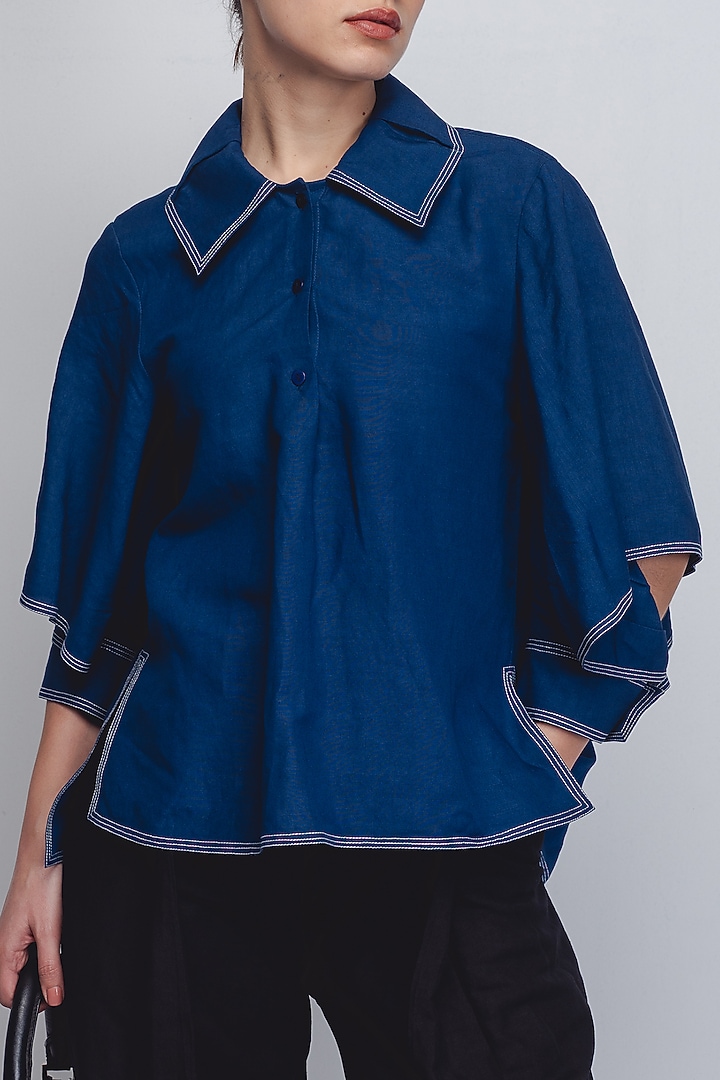 Indigo Linen Top by LEH STUDIOS at Pernia's Pop Up Shop