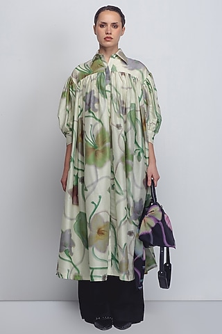 Parrot Green Cotton Silk & Chanderi Shirt Dress by LEH STUDIOS