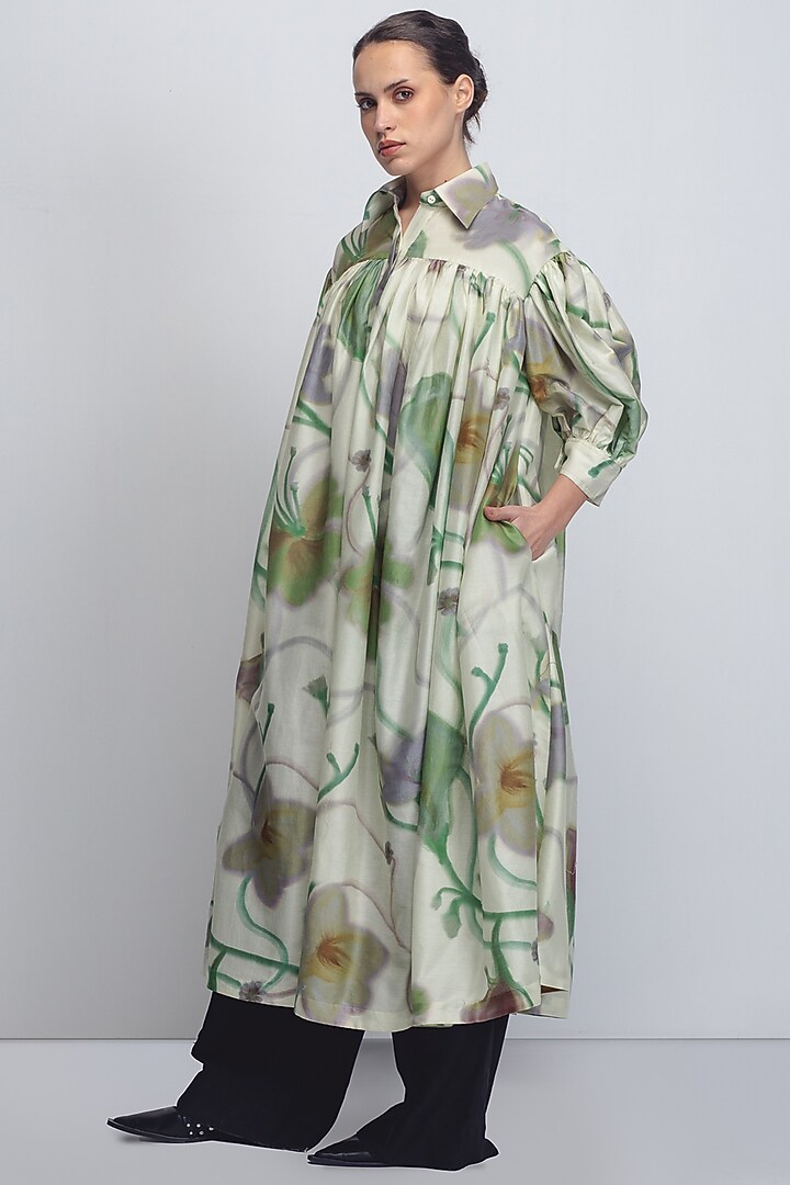 Parrot Green Cotton Silk & Chanderi Shirt Vacation Dress by LEH STUDIOS at Pernia's Pop Up Shop