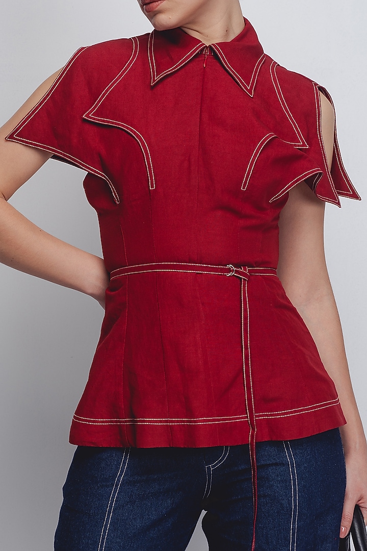 Red Linen Top by LEH STUDIOS at Pernia's Pop Up Shop