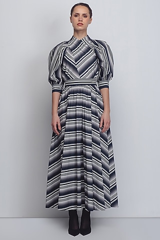 Black & White Cotton Poplin Stripe Dress by LEH STUDIOS
