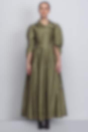 Olive Green Cotton Silk & Chanderi Embellished Cocktail Dress by LEH STUDIOS at Pernia's Pop Up Shop