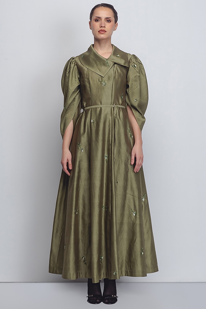 Olive Green Cotton Silk & Chanderi Embellished Cocktail Dress by LEH STUDIOS at Pernia's Pop Up Shop