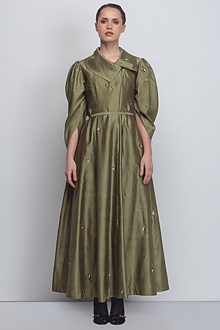 Olive Green Cotton Silk & Chanderi Embellished Dress by LEH STUDIOS