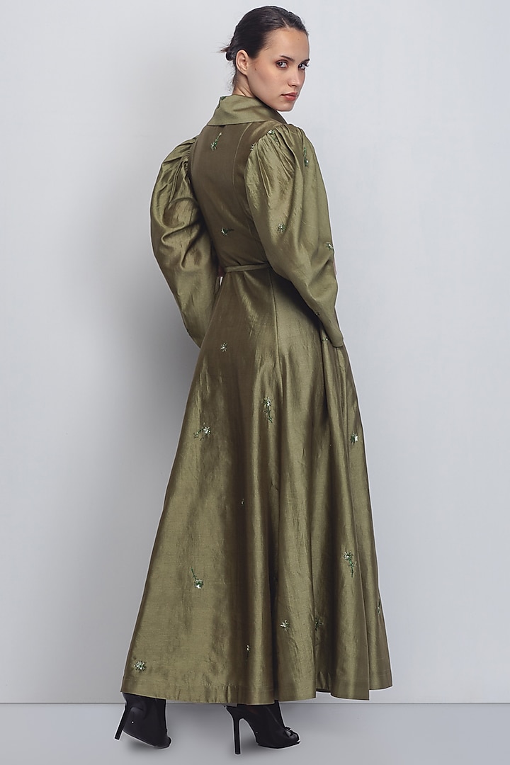 Olive Green Cotton Silk & Chanderi Embellished Cocktail Dress by LEH STUDIOS at Pernia's Pop Up Shop