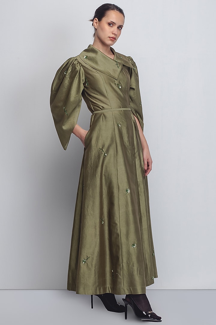 Olive Green Cotton Silk & Chanderi Embellished Cocktail Dress by LEH STUDIOS at Pernia's Pop Up Shop