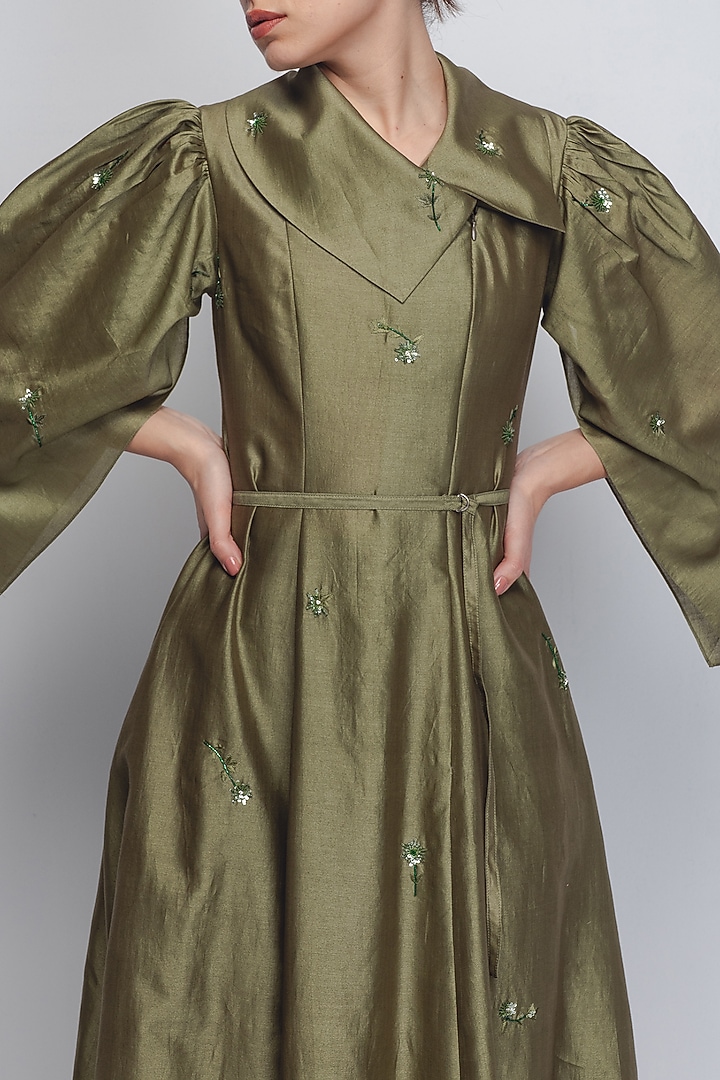 Olive Green Cotton Silk & Chanderi Embellished Cocktail Dress by LEH STUDIOS at Pernia's Pop Up Shop