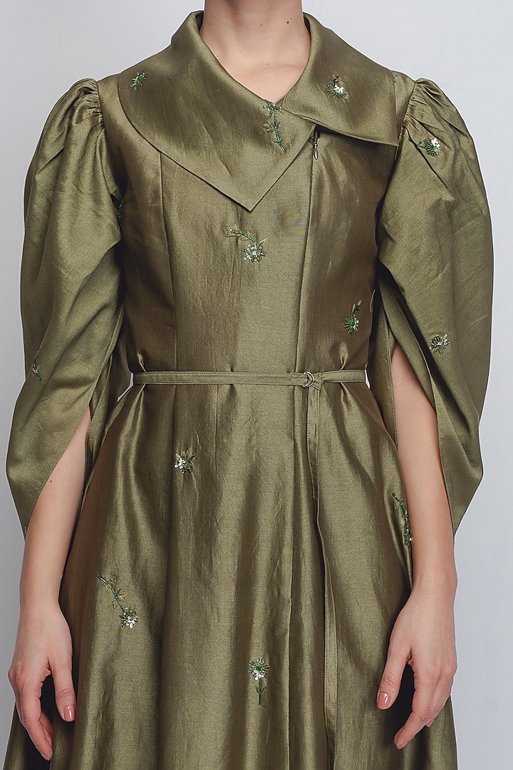 Olive Green Cotton Silk & Chanderi Embellished Cocktail Dress by LEH STUDIOS at Pernia's Pop Up Shop