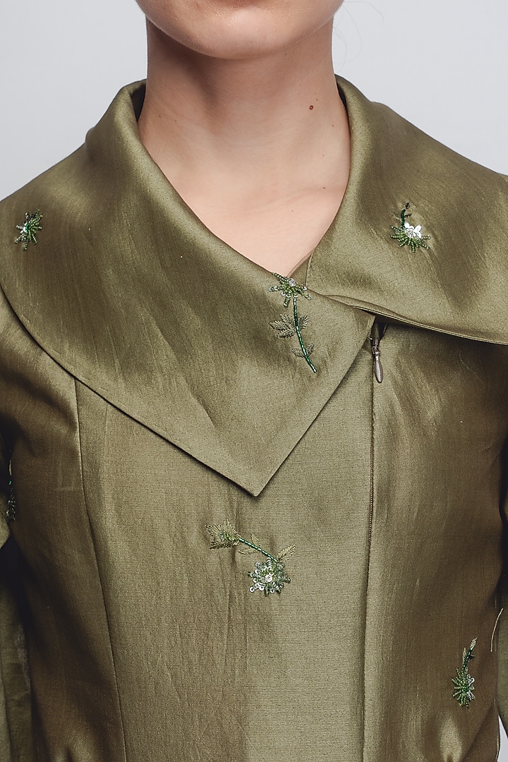 Olive Green Cotton Silk & Chanderi Embellished Cocktail Dress by LEH STUDIOS at Pernia's Pop Up Shop
