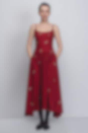 Red Linen Thread Embellished Vacation Dress by LEH STUDIOS at Pernia's Pop Up Shop