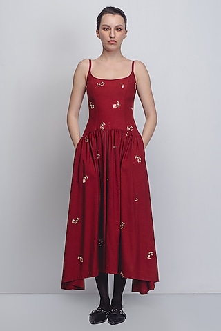 Red Linen Thread Embellished Dress by LEH STUDIOS
