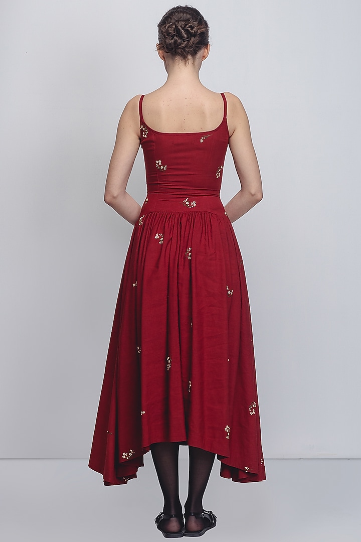 Red Linen Thread Embellished Vacation Dress by LEH STUDIOS at Pernia's Pop Up Shop