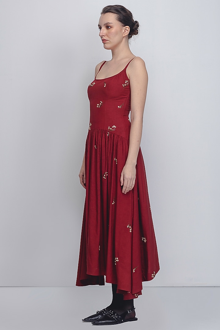 Red Linen Thread Embellished Vacation Dress by LEH STUDIOS at Pernia's Pop Up Shop