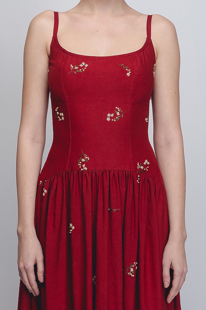 Red Linen Thread Embellished Vacation Dress by LEH STUDIOS at Pernia's Pop Up Shop