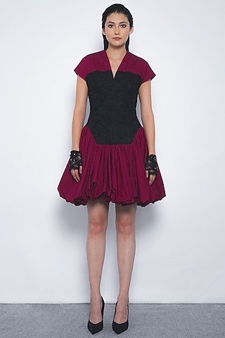 Black & Magenta Cotton Corset Mini Dress by LEH STUDIOS