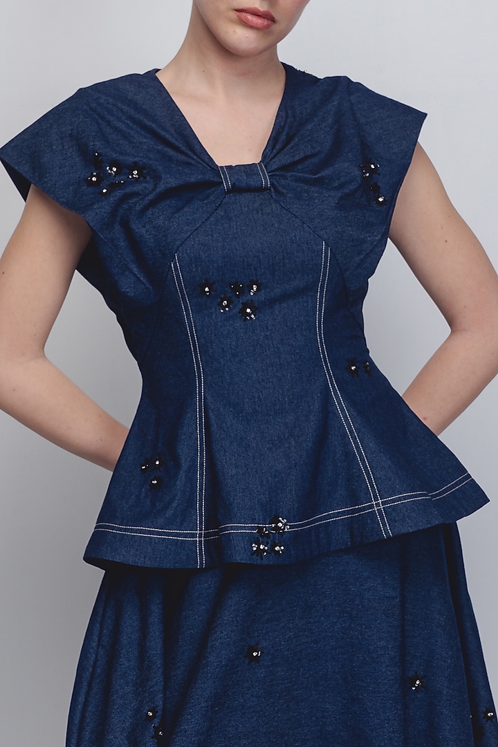 Denim Blue Cotton Handwoven Khadi Top by LEH STUDIOS at Pernia's Pop Up Shop
