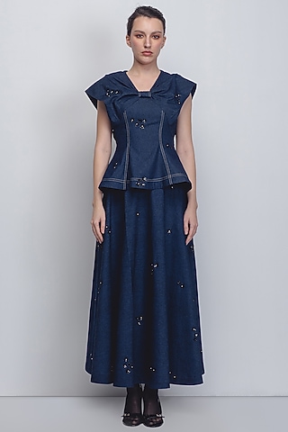Denim Blue Cotton Handwoven Khadi Skirt by LEH STUDIOS