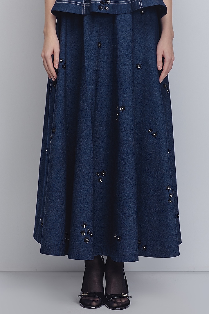 Denim Blue Cotton Handwoven Khadi Skirt by LEH STUDIOS at Pernia's Pop Up Shop