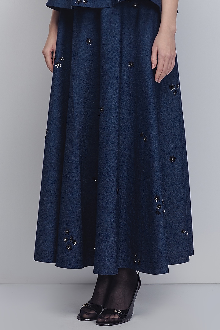 Denim Blue Cotton Handwoven Khadi Skirt by LEH STUDIOS at Pernia's Pop Up Shop