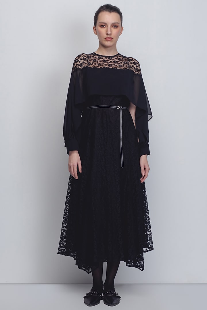Black Viscose Polyester & Chiffon Vacation Dress by LEH STUDIOS at Pernia's Pop Up Shop