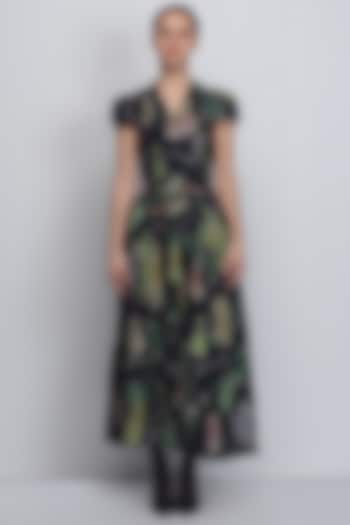 Black Chanderi & Cotton Silk Floral Printed Cocktail Dress by LEH STUDIOS at Pernia's Pop Up Shop