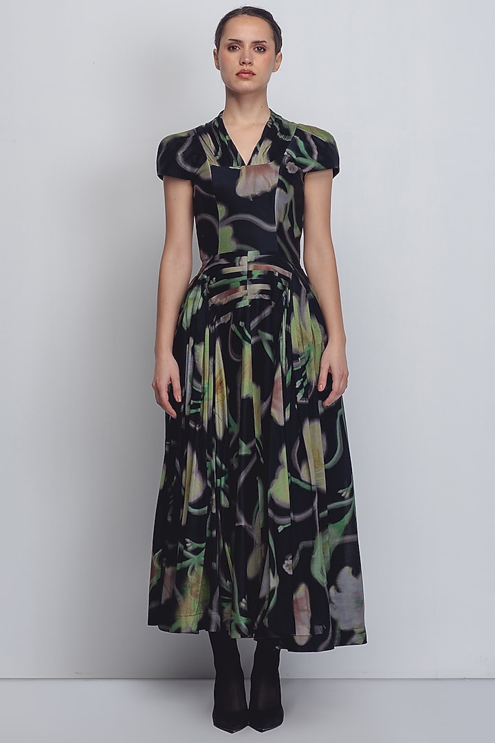 Black Chanderi & Cotton Silk Floral Printed Cocktail Dress by LEH STUDIOS at Pernia's Pop Up Shop