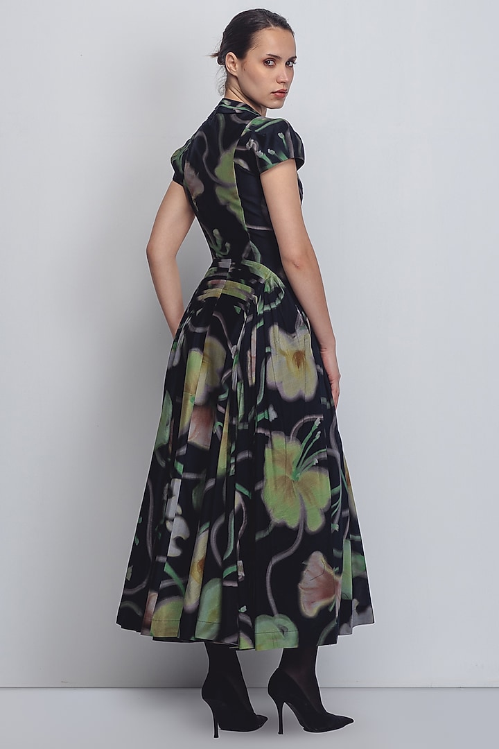 Black Chanderi & Cotton Silk Floral Printed Cocktail Dress by LEH STUDIOS at Pernia's Pop Up Shop