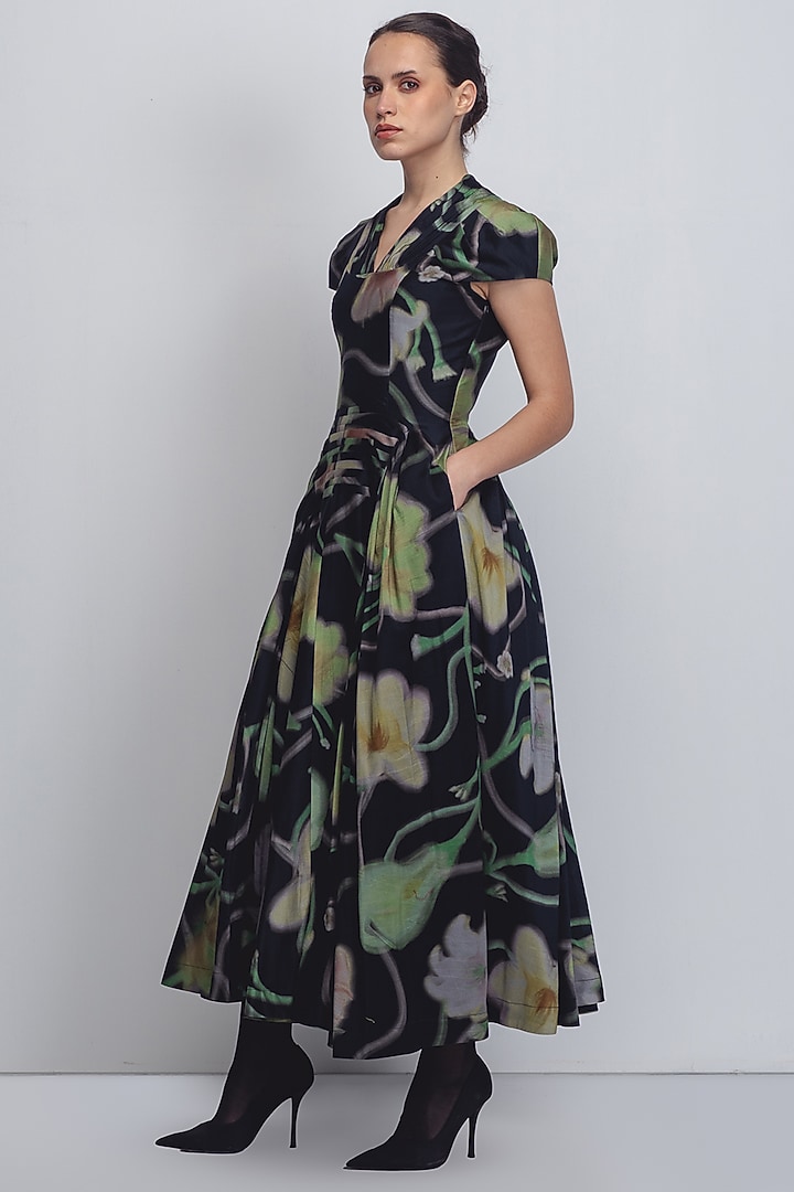 Black Chanderi & Cotton Silk Floral Printed Cocktail Dress by LEH STUDIOS at Pernia's Pop Up Shop