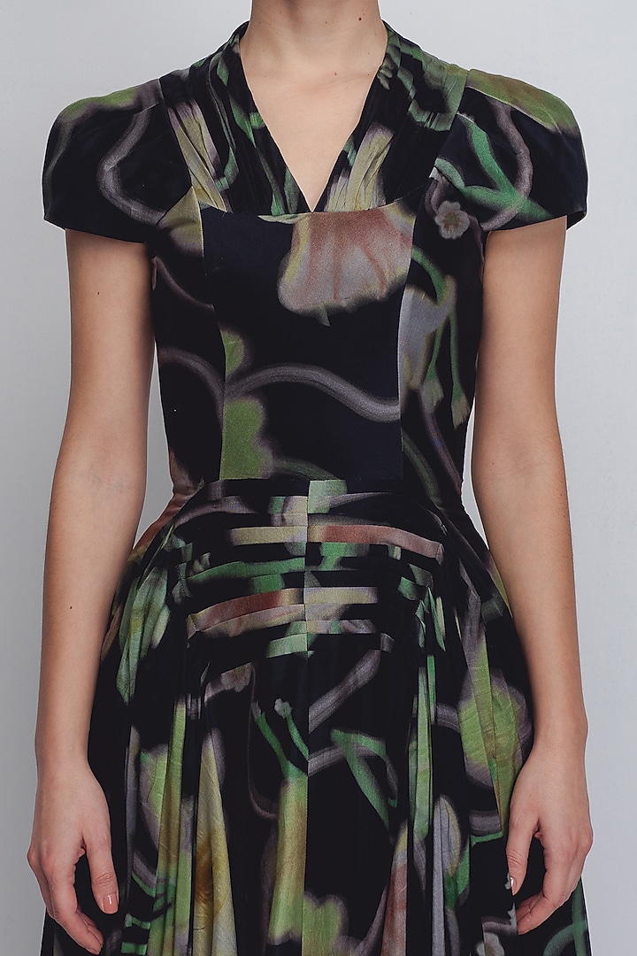 Black Chanderi & Cotton Silk Floral Printed Cocktail Dress by LEH STUDIOS at Pernia's Pop Up Shop