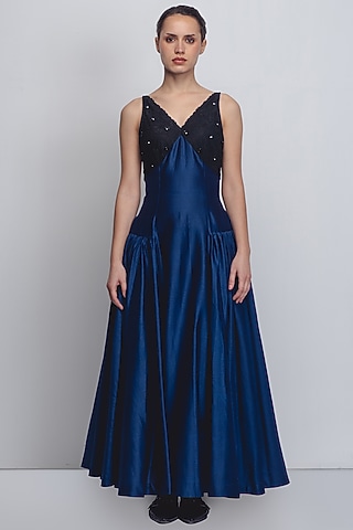 Navy & Black Chanderi Embellished Dress by LEH STUDIOS