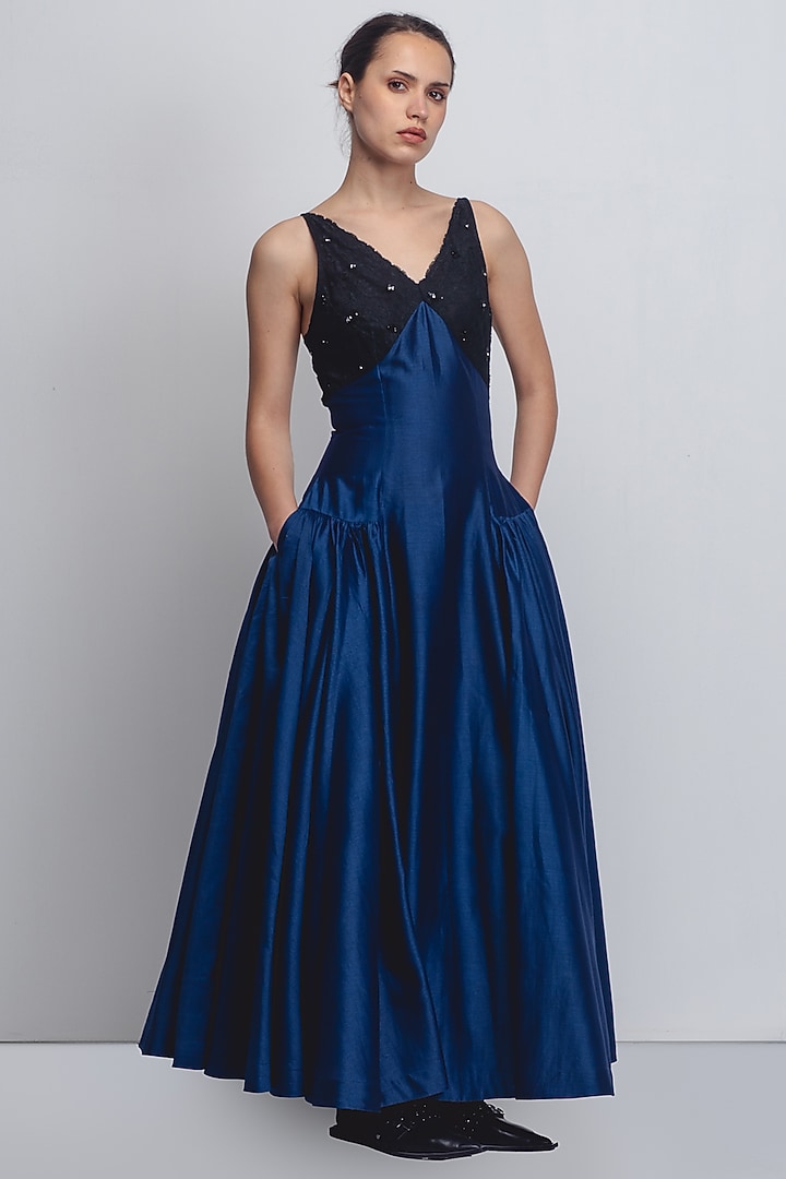 Navy & Black Chanderi Embellished Cocktail Dress by LEH STUDIOS at Pernia's Pop Up Shop
