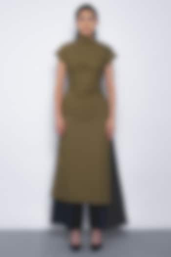 Olive Green Cotton Asymmetrical Draped Tunic by Leh at Pernia's Pop Up Shop