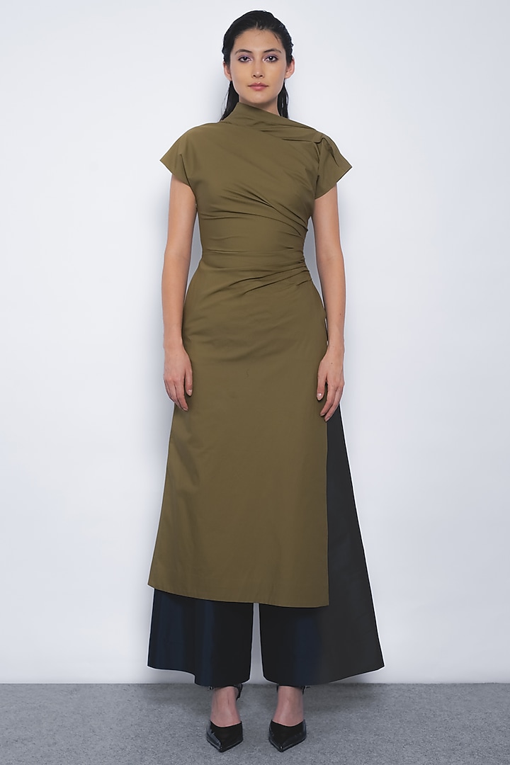 Olive Green Cotton Asymmetrical Draped Tunic by Leh at Pernia's Pop Up Shop