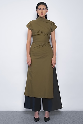 Olive Green Cotton Asymmetrical Draped Tunic by LEH STUDIOS