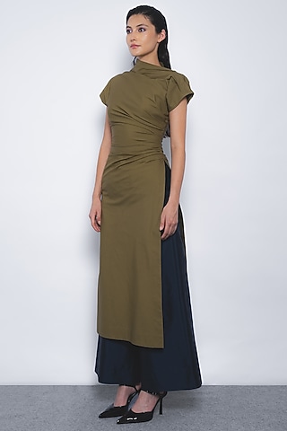 Navy Blue Viscose & Polyester Flared Trousers by LEH STUDIOS