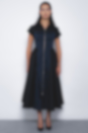 Black & Navy Blue Polyester Zipper Midi Vacation Dress by Leh at Pernia's Pop Up Shop