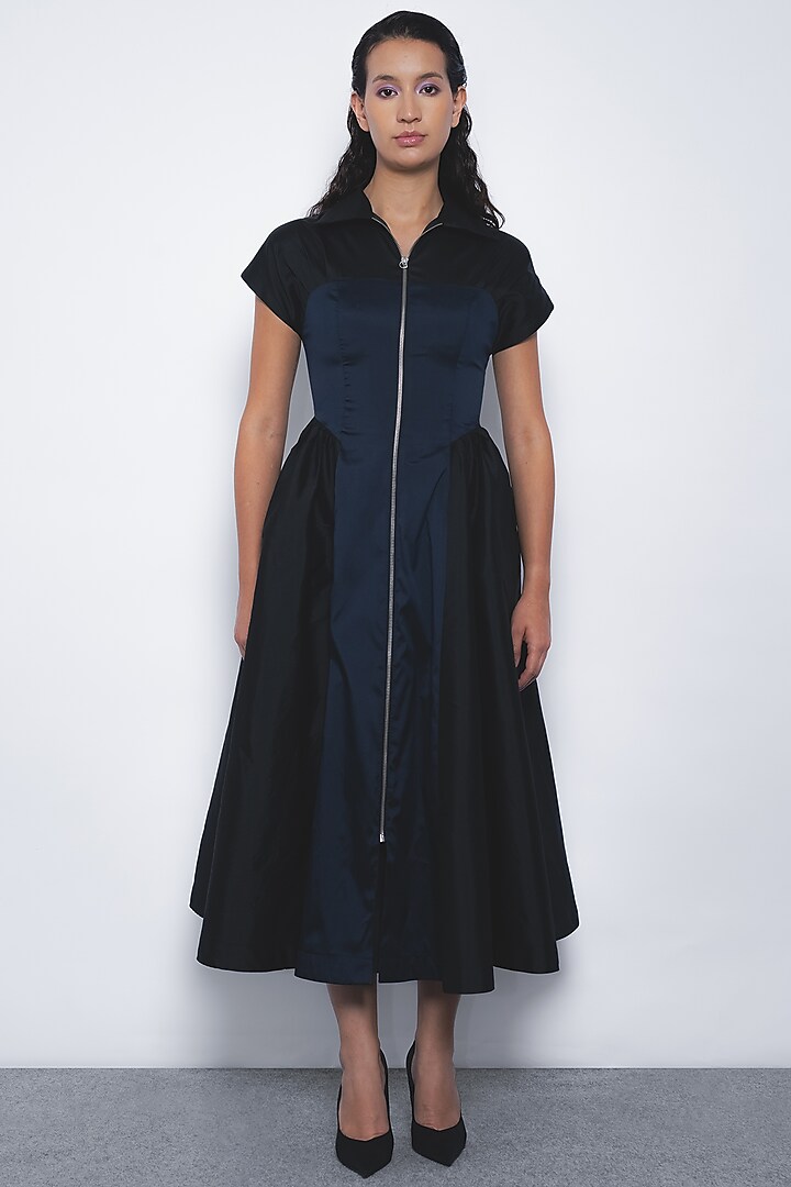 Black & Navy Blue Polyester Zipper Midi Vacation Dress by Leh at Pernia's Pop Up Shop