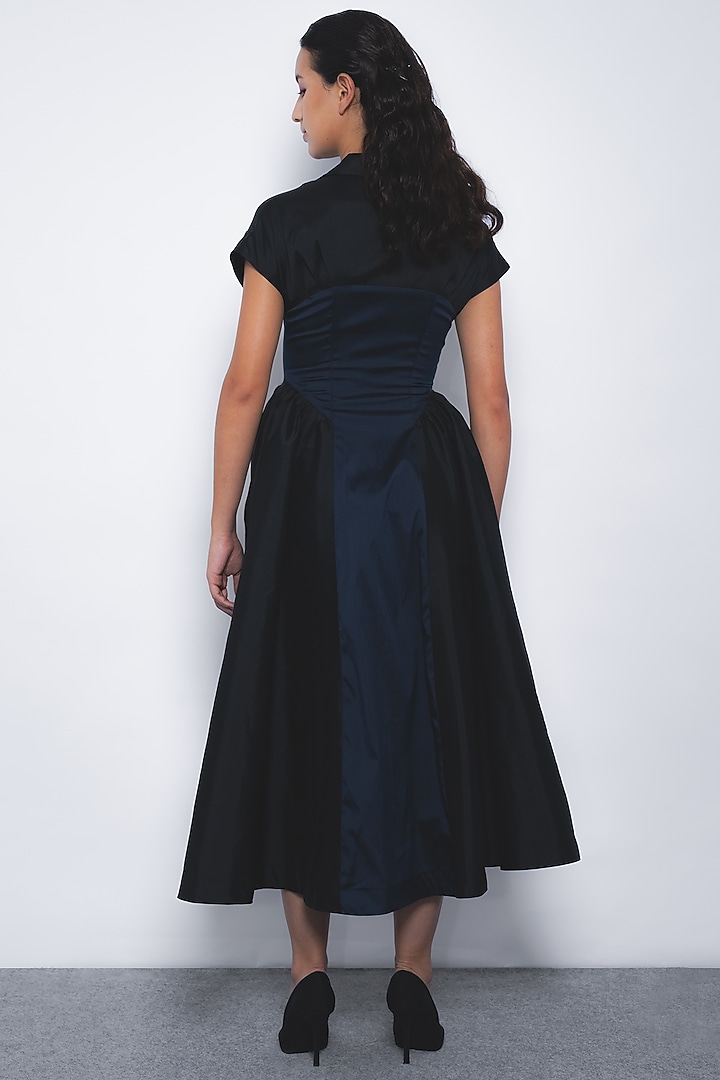 Black & Navy Blue Polyester Zipper Midi Vacation Dress by LEH STUDIOS at Pernia's Pop Up Shop