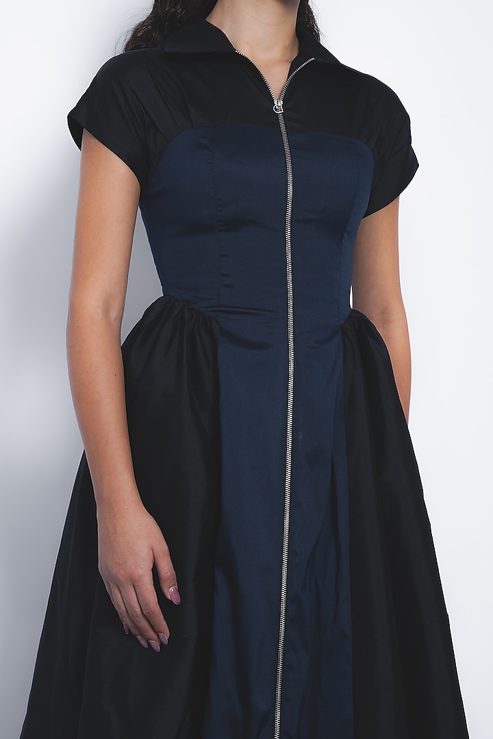 Black & Navy Blue Polyester Zipper Midi Vacation Dress by LEH STUDIOS at Pernia's Pop Up Shop