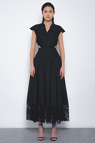 Black Viscose Lace Maxi Dress by LEH STUDIOS