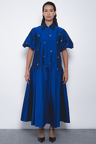 Lapis Blue Viscose Beads Embellished Maxi Dress by LEH STUDIOS