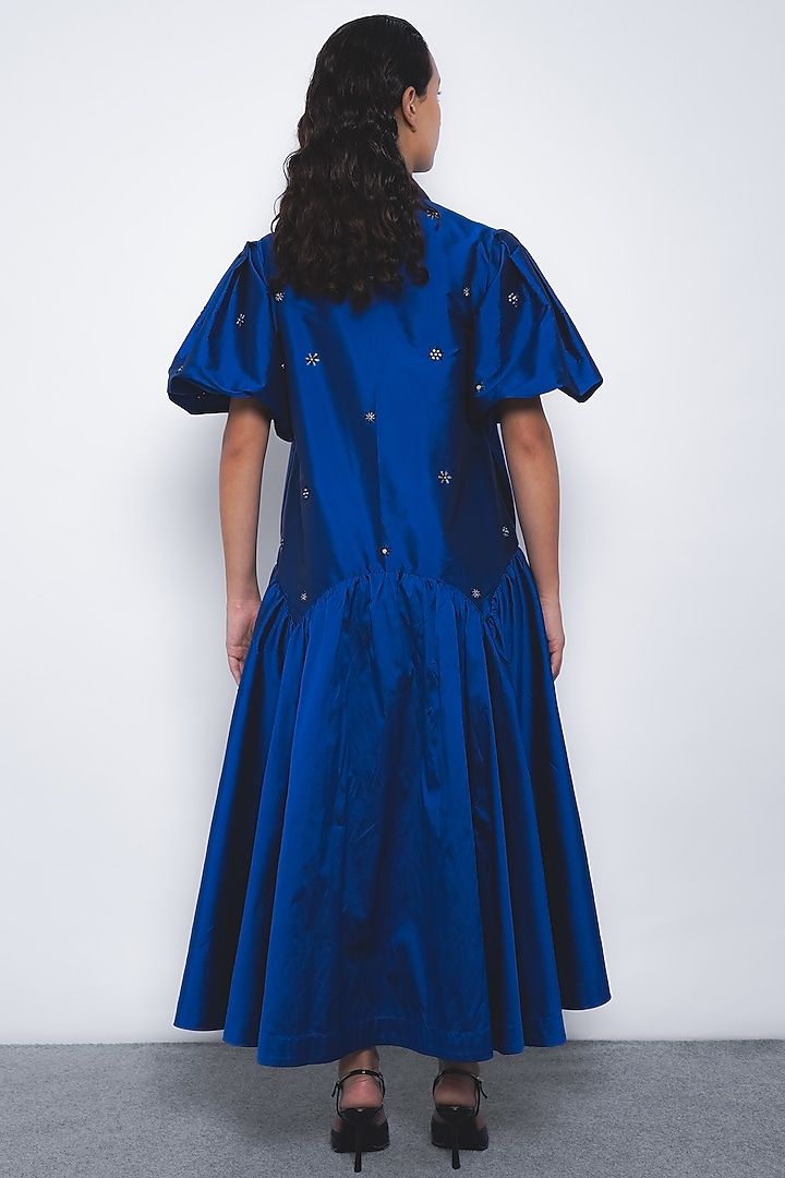 Lapis Blue Viscose Beads Embellished Maxi Vacation Dress by LEH STUDIOS at Pernia's Pop Up Shop