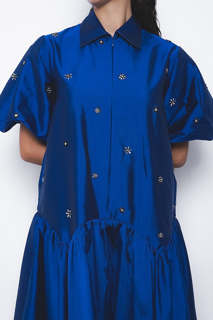 Lapis Blue Viscose Beads Embellished Maxi Vacation Dress by LEH STUDIOS at Pernia's Pop Up Shop